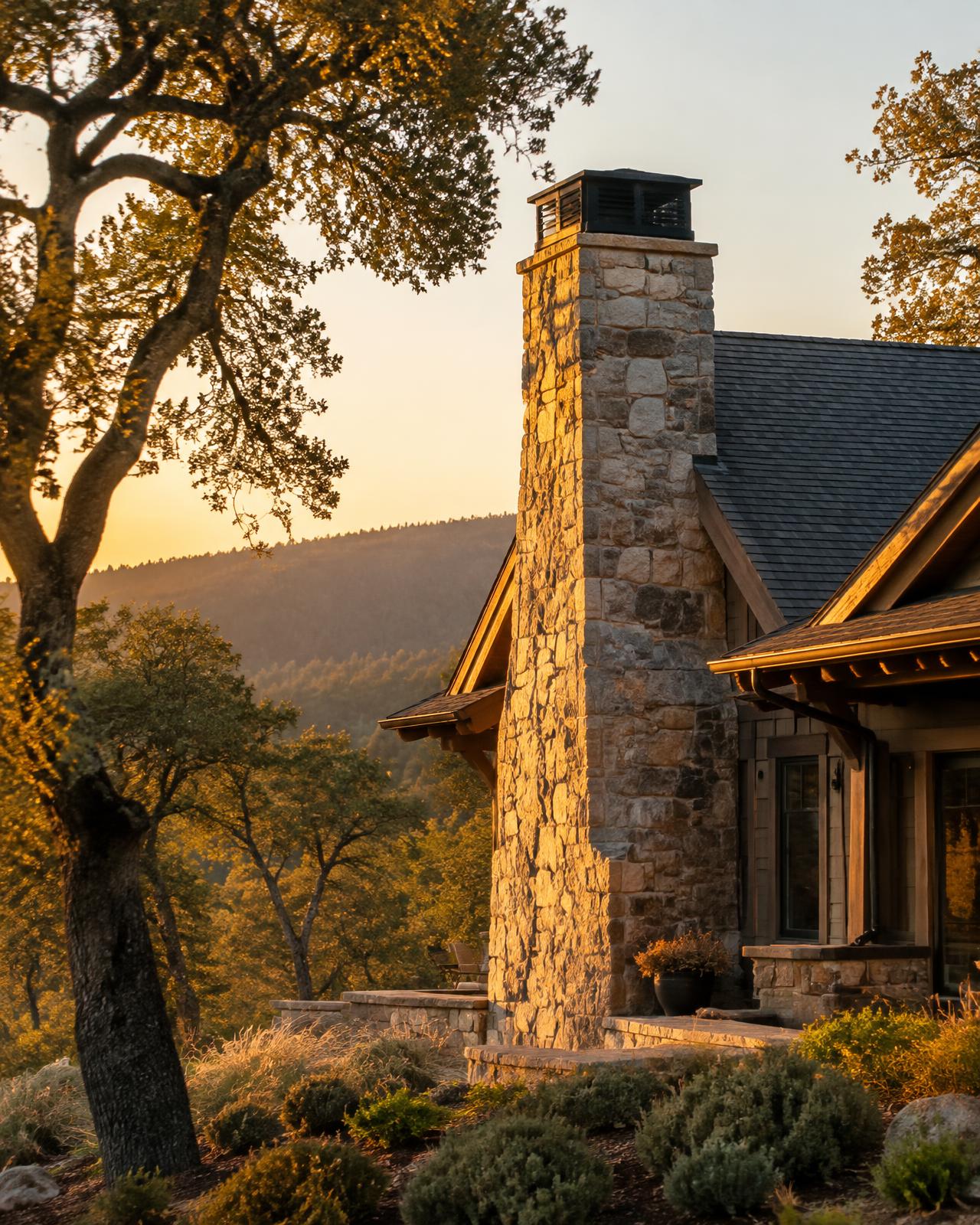 Stone chimney on a foothill home in El Dorado County at sunset