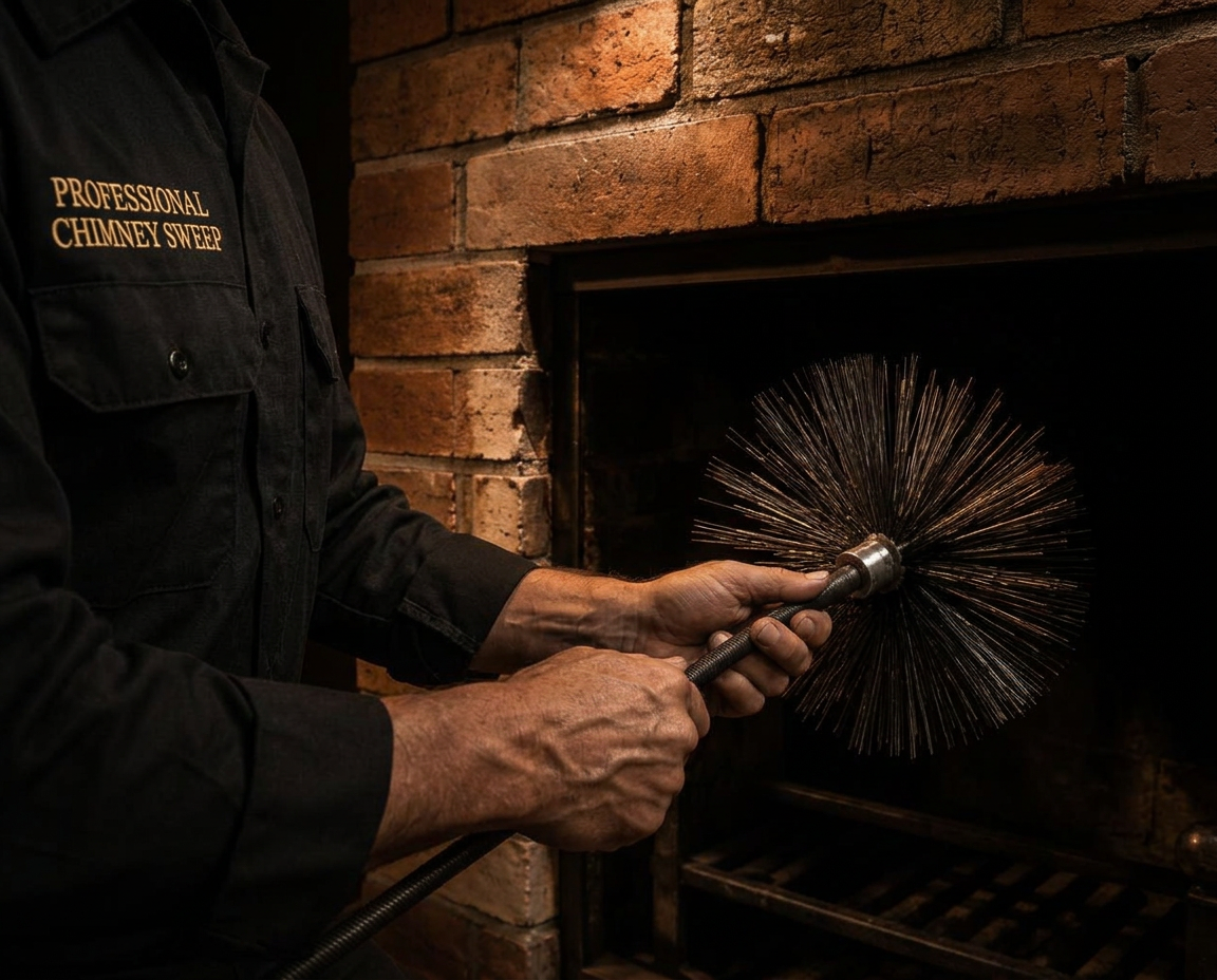 Professional Chimney Sweep technician with rotary brush at a brick fireplace